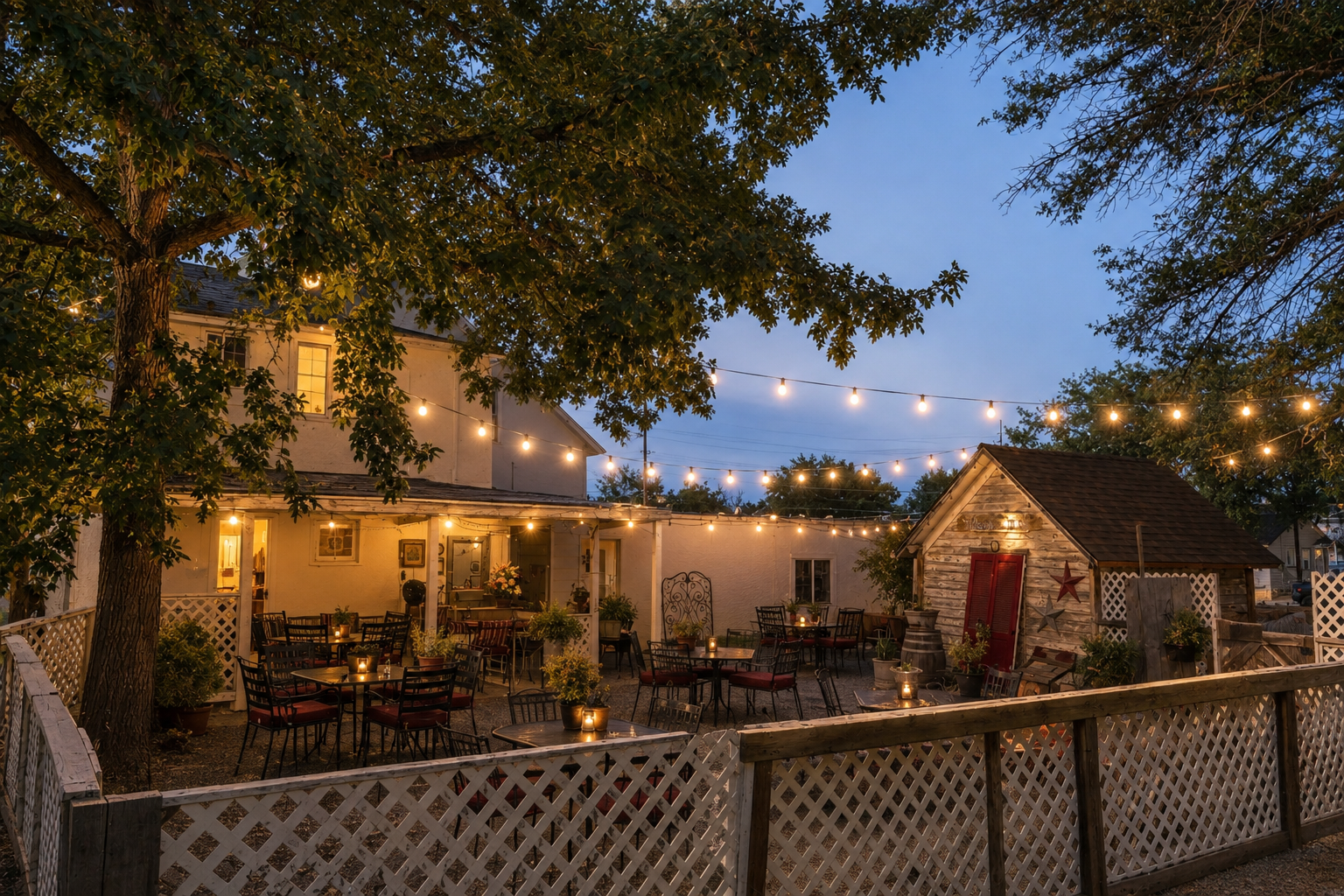 Helina Marie's backyard patio at dusk with warm string lights and intimate cafe seating.