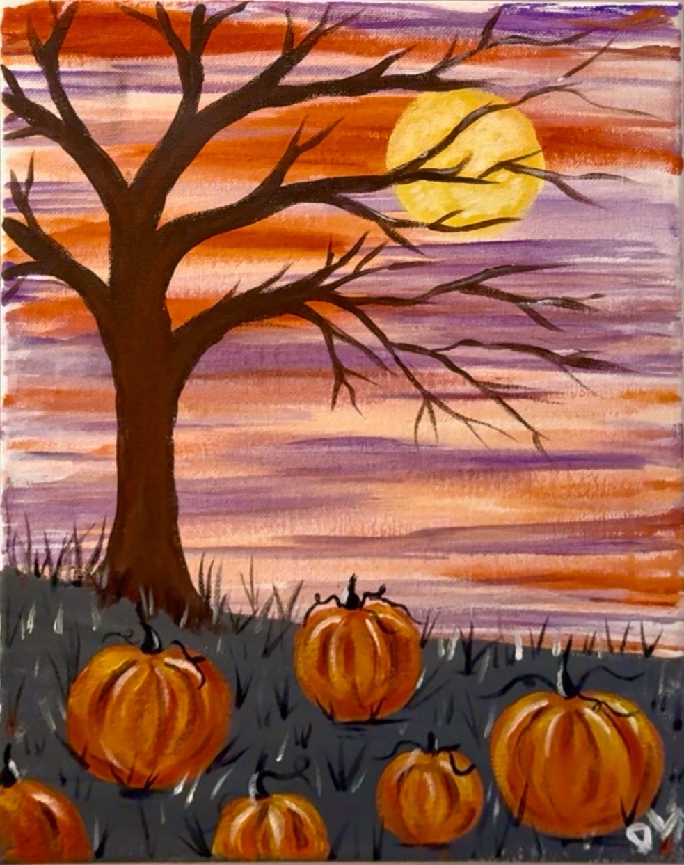 Painting for The Angry Easel paint party at Helina Marie's on Tuesday, September 29, 6:00 to 8:00 PM — a harvest moon over a pumpkin patch; tickets $25, 21+
